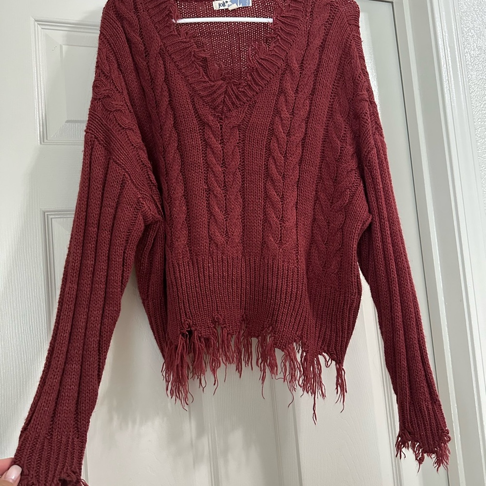 Jolt Women's V-Neck Distressed Sweater - Burgundy